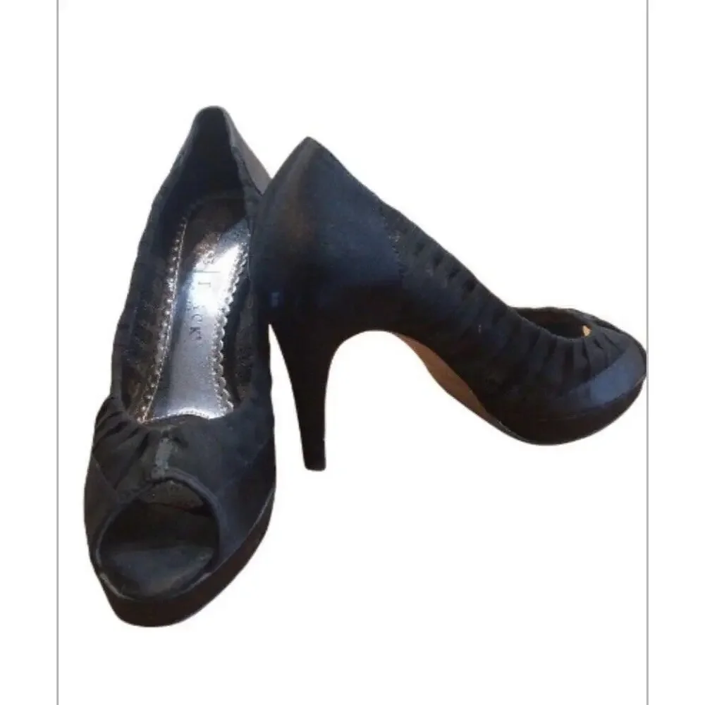 WHBM Shoes Womens 8M Black Satin Fabric High Heel Open Toe Platform Pumps Prom‎